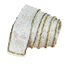 Talbots Beaded 100% Silk Satin Floral Ribbon Belt 1.25" x 32" White Gold XS / S